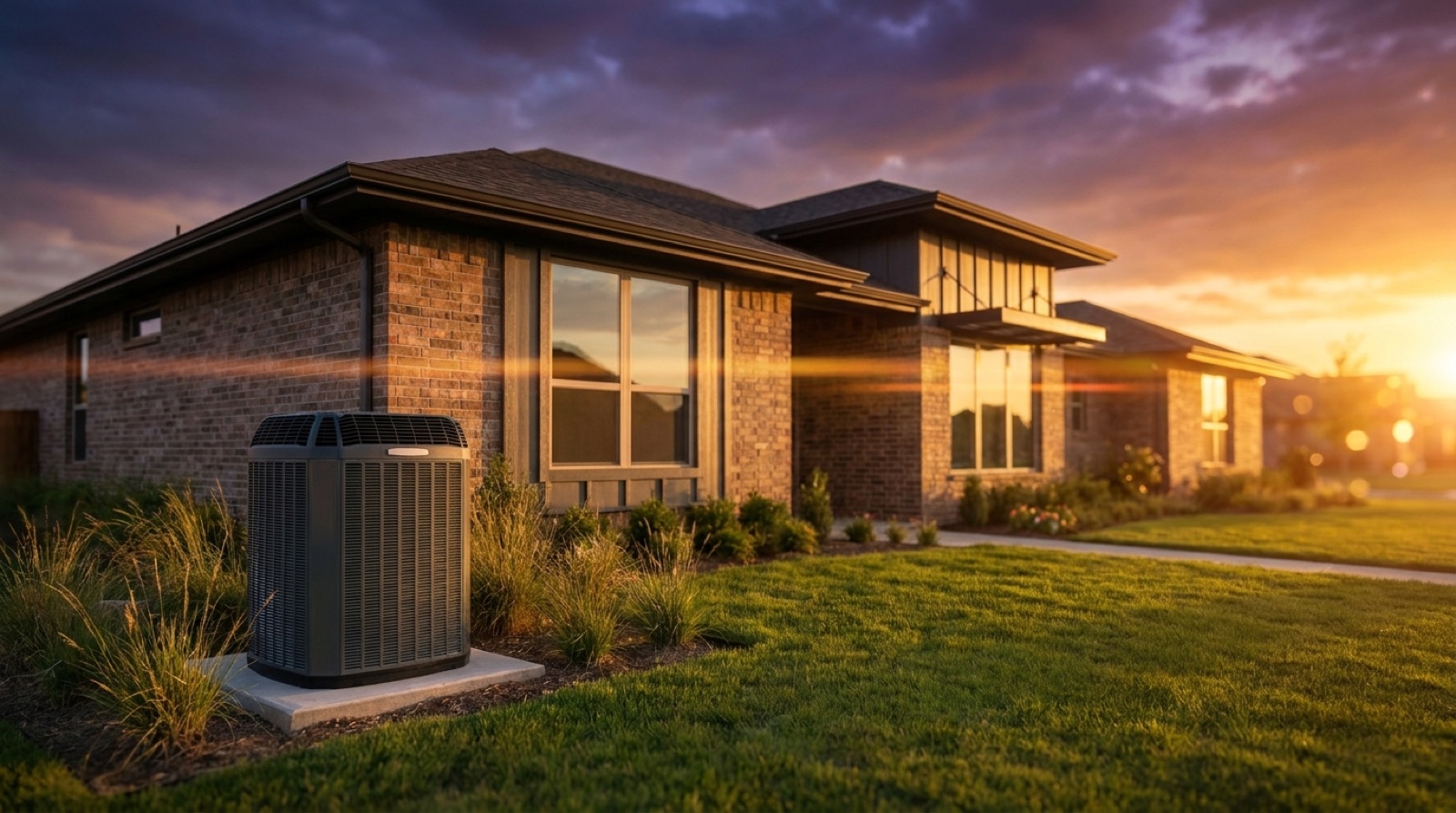Texas home at golden hour with AC unit