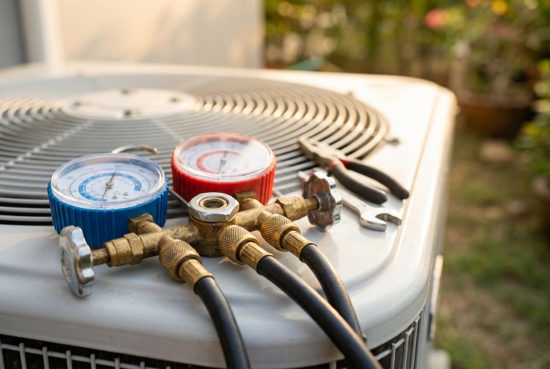HVAC maintenance gauges on an air conditioning unit