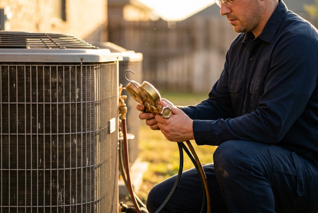 HVAC technician repairing an air conditioner in Johnson County